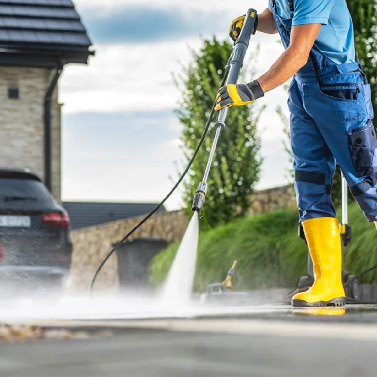 Worker pressure-washing driveway wearing yellow boots